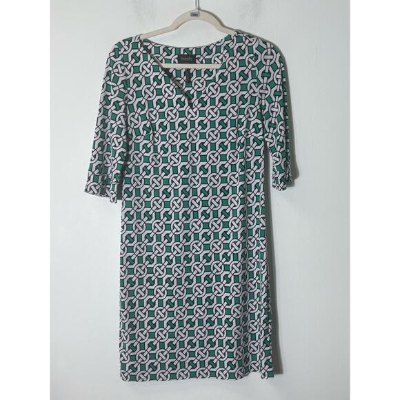 Laundry by Design Green White Geometric Print 3/4 Sleeve Length Shift Dress Sz 2 - Picture 1 of 2